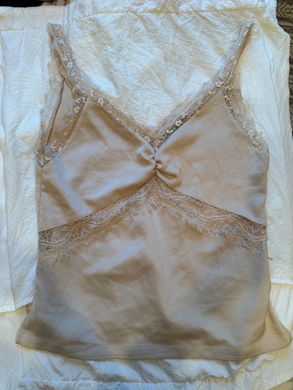 Lace Trim Satin Cami Tank Top - Nude